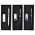 A gift set featuring three pens in silver, black, and blue, along with USB drives, all in elegant black packaging.