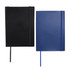 A black and a blue large bound journal, each with a matching ribbon bookmark and an elastic closure. Each features a logo.