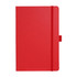 A red notebook with a flat cover, an elastic band closure, and a logo on the front.