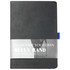 A black bound journal with a blue ribbon bookmark and a removable belly band for customisation.
