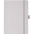 A grey hard-bound journal with an elastic closure and a ribbon bookmark, featuring a logo on the cover.