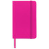 A vibrant pink pocket notebook with an elastic band and a ribbon bookmark, featuring a logo.