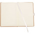 A notebook featuring lined pages and a ribbon bookmark, with a brown cover and a subtle logo.