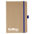 A kraft paper journal with a blue elastic band and a logo. It features a smooth cover and neatly rounded corners.