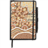 A notebook with a patterned cover in earthy tones, featuring abstract designs and a pen attached.