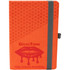 An orange notebook with a geometric design and a grey elastic band, accompanied by a matching pen.