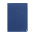 A navy hardcover notebook with a logo on the front, featuring a textured surface.