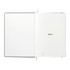 An open A5 hardcover notebook with a plain white interior and a logo on the first page. Features a black cover.