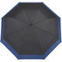 A black and blue auto-open umbrella with an octagonal shape, featuring a central clearing and a logo.