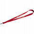 A red lanyard with a lobster clip and a logo, featuring two printed words in white.