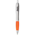 A silver and orange plastic pen with a branding logo.