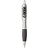 A plastic pen with a silver barrel, black grip, and clip, featuring a logo on the side.
