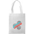 A white non-woven tote bag featuring a graphic design and a logo. The bag has two sturdy handles.