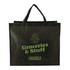 A black jumbo tote bag with green text and a logo, featuring a sturdy design for carrying items.