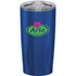 A drink bottle in blue featuring a clear lid and a logo, suitable for hot or cold beverages.