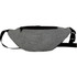A grey hipster fanny pack with a black zipper and strap, featuring a logo on the front.