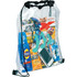 A clear drawstring sportspack filled with sunscreen, energy gels, and a smartphone, featuring a logo on the front.