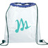A clear drawstring sportspack in transparent material with purple accents and a teal logo.