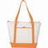 A non-woven cooler tote bag in white with orange straps and bottom, featuring a front pocket and a zip closure.