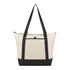 A tan and black tote cooler bag with long handles and a front pocket. It features a logo.