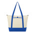 A blue and cream tote cooler bag with long handles and a front pocket. It features a logo.