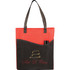 A red and black non-woven tote bag with a logo and two pens in the pocket.
