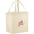 A cream non-woven shopper tote with two handles and a logo printed on the front.