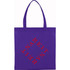 A purple non-woven tote bag with long handles and a logo printed on one side.