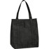 A black insulated grocery tote bag with two handles and a front pocket. It features a logo.