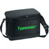 A black cooler bag with a zippered top and adjustable shoulder strap, featuring a logo on the front.