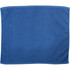 A blue gym towel featuring a textured surface and a contrasting border. The towel includes a logo.