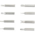 A set of eight silver multi-tool bits, featuring various screwdriver types and shapes.