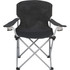 An oversized folding chair in black fabric with a metallic silver frame and armrests featuring mesh pockets.
