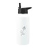 A drink bottle with a sleek white design, featuring a black lid and a logo. It holds 950ml of liquid.