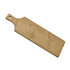 A bamboo serving board with a sleek design and a hole for easy handling. Suitable for home use.