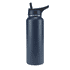 A drink bottle in navy blue with a black spout lid and a logo on the body.
