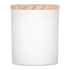 A white scented candle with soy wax, featuring a wooden lid. The candle is simple and elegant in design.