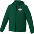 A green waterproof jacket with a hood, featuring a logo on the front and zip closure.