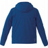A blue men's lightweight jacket with a hood, featuring a logo on the back and a simple design.