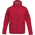 A red men's soft shell jacket with a hood and zippered pockets. Features a logo on the chest.