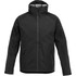 A black softshell jacket featuring a hood, zippered front, and sleek design with textured panels.