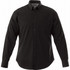 A black men's long sleeve button-up shirt with a pocket and a logo.