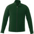 A dark green men's polar fleece jacket with a zip front and side pockets, featuring a logo.