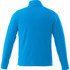 A men's polyfleece jacket in bright blue with a high collar and long sleeves, featuring a logo on the back.