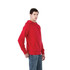 A red fleece hoodie for men, featuring a front pocket and an attached hood. The model stands in a neutral pose.