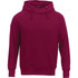 A maroon fleece hoodie with a front pouch pocket and adjustable drawstring hood. It features a logo on the front.