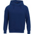 A navy blue men's fleece hoodie featuring a front pocket and a drawstring hood, with a logo on the chest.