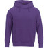 A purple fleece hoodie featuring a front pocket and a drawstring hood, with a logo on the front.