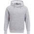 A grey hoodie with a pouch pocket and a hood, featuring a branding logo.