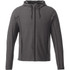 A men's knit jacket in dark grey with a hood, featuring zippered pockets and a logo.